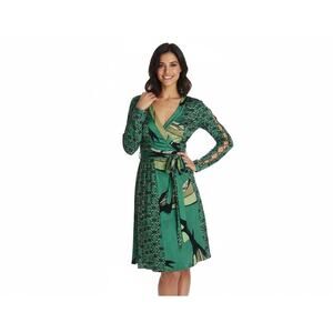 ISSA London Silk Wrap Dress Womens Green Geometric Long Sleeve V-Neck
